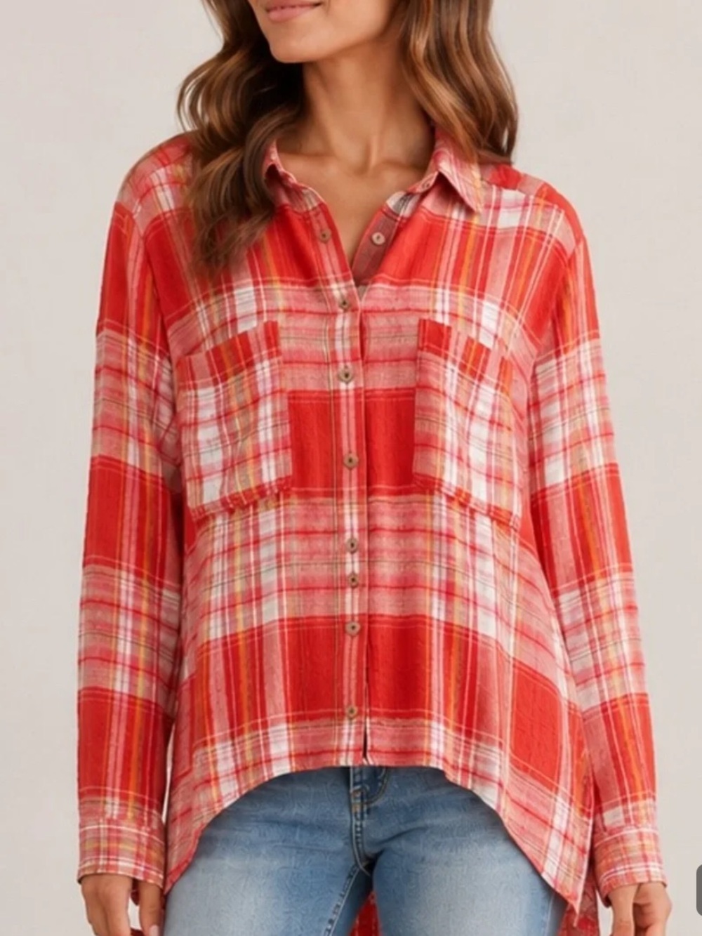 Anthropologie Red Plaid Button-Down Shirt size S